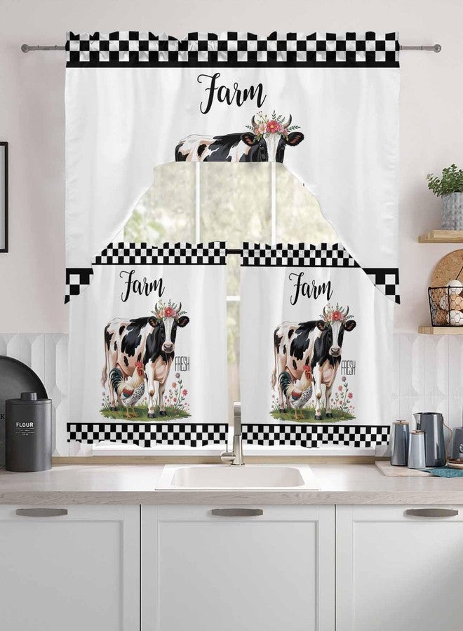 Jolunifun Cow Rooster Swag Kitchen Curtain Sets with Valance,3 Pieces Rod Pocket Curtain Drapes for Bedroom Living Room Bathroom Cafe Windows,Farm Black White Checkered Wildflower 56''x36''&24''x27.5''x2Panels - Image 3